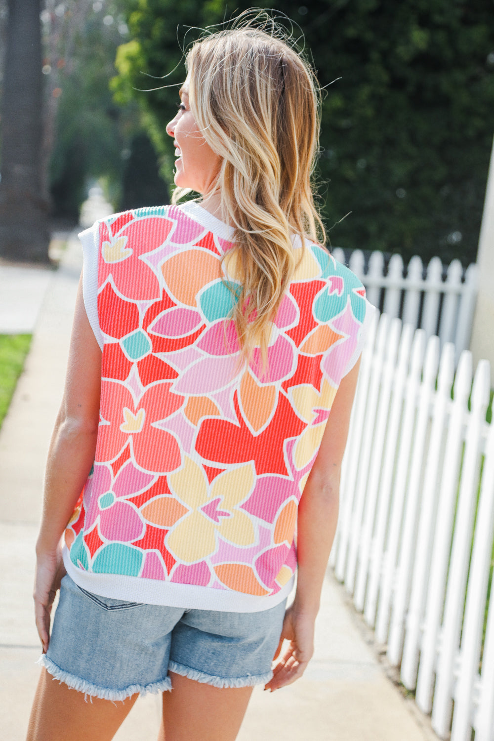 Beautiful You Coral Multicolor Floral Rib Dolman Sleeve Top