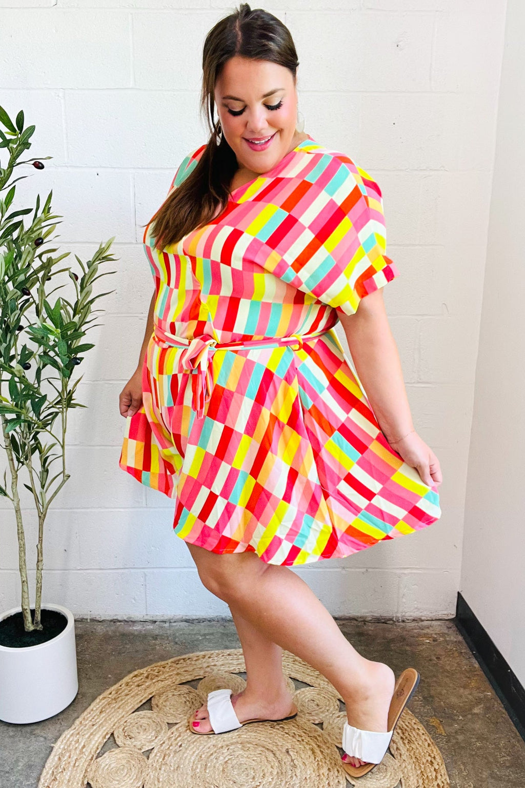 Eyes On You Coral Geo Abstract Surplice Woven Romper