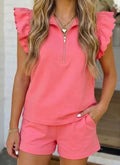 Half Zip Ruffled Shortie Set