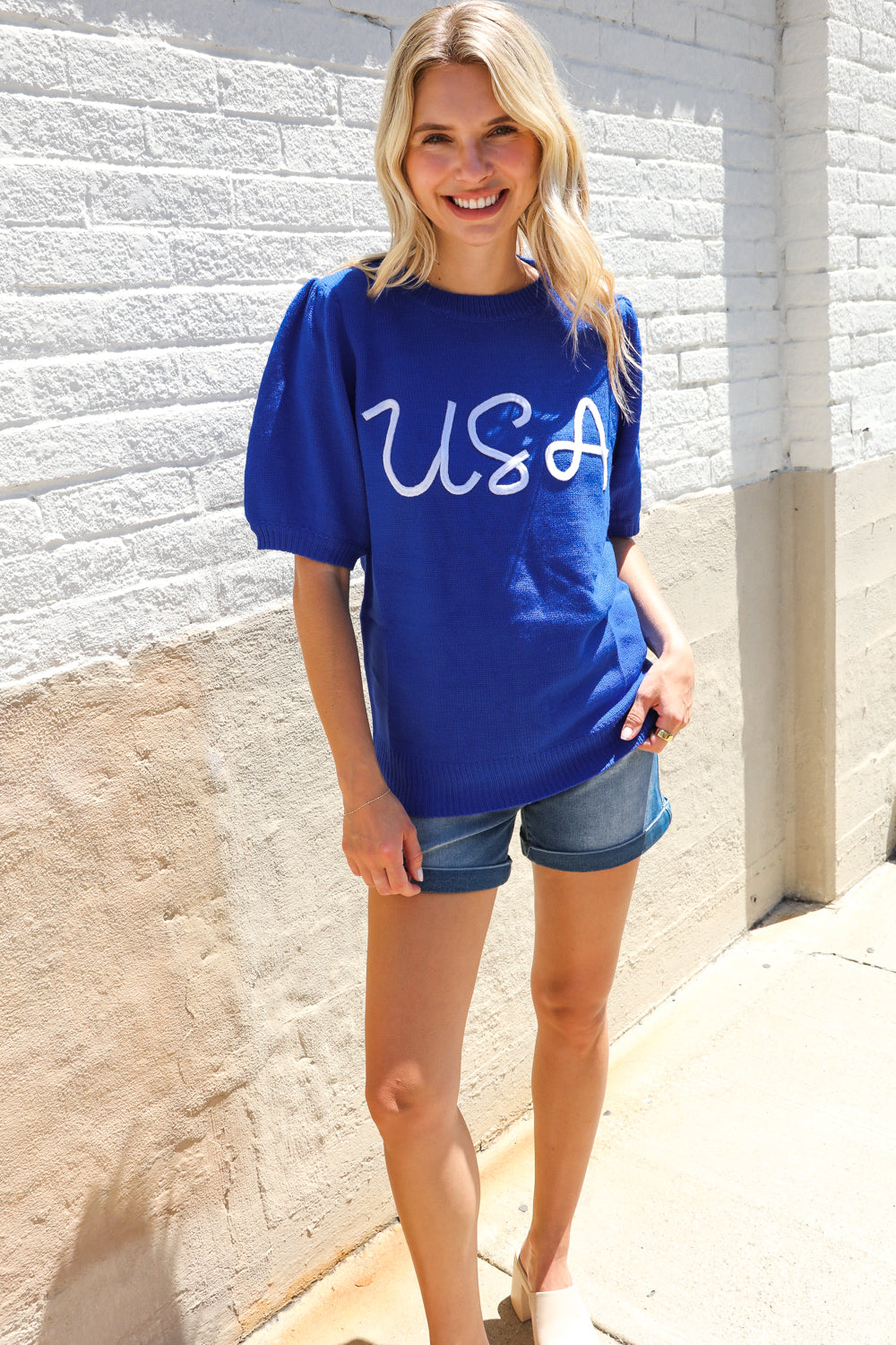 Patriotic USA Blue Knit Embroidery Puff Sleeve Sweater Top
