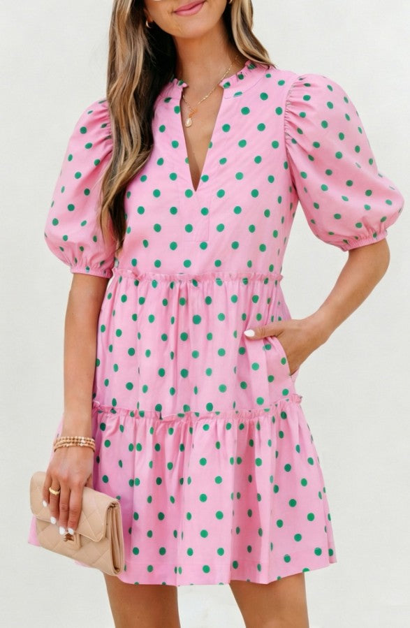 Pink Polka Dot Tiered Dress