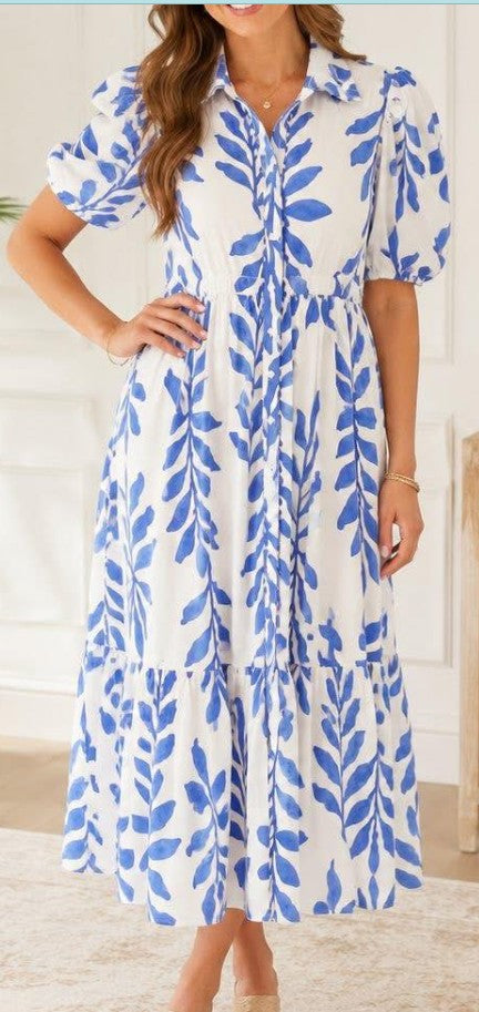 Blue Leaf Botanical Maxi Dress