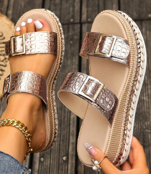Gold Metallic Buckle Wedge