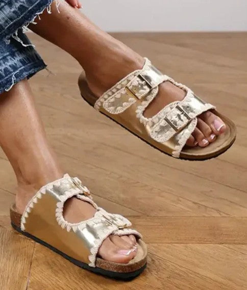 Gold Contrast Stitch Buckle Shoes