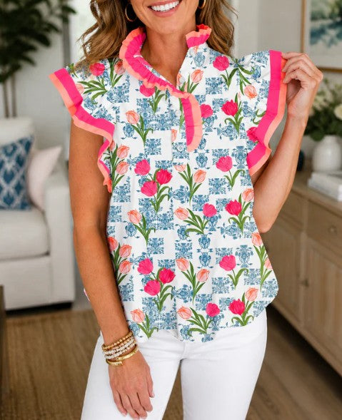 Rose Floral Flutter Blouse