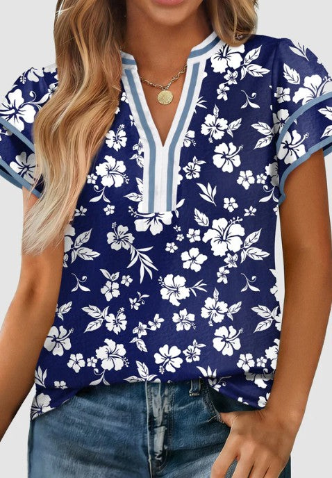Blue Floral Contrast Trim Blouse