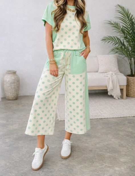 Polka Dot Patchwork Wide Leg Pants Set