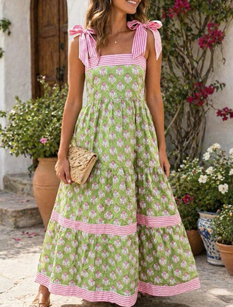 Green Floral Knot Strap Dress
