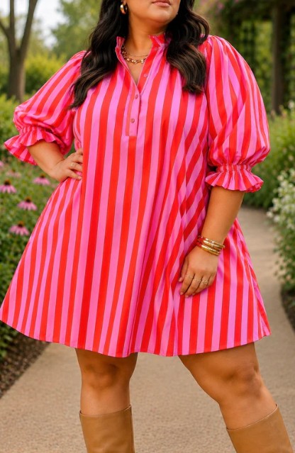 Rose Stripe Frilled Plus Dress