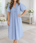Blue Stripe Shirred Plus Size Midi