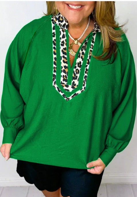 Green Plus Size Leopard Trim Blouse