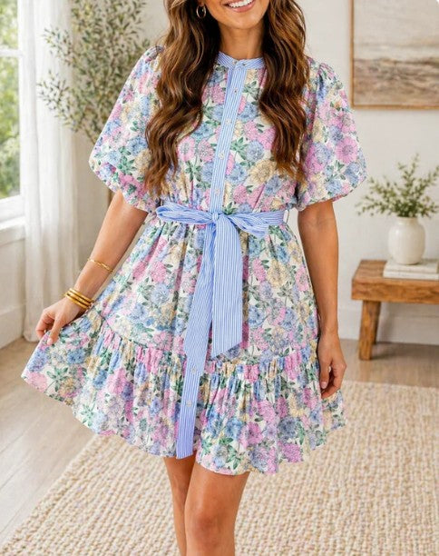 Floral Trim Belted Dress New