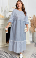 Sky Blue Stripe Crisscross Lace Detail Mixed Striped Patchwork Plus Size Shift Long Dress