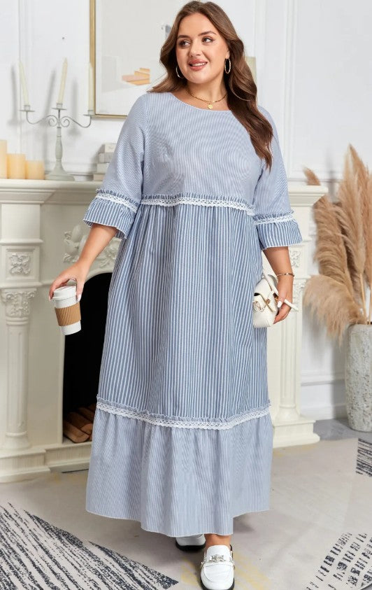 Sky Blue Stripe Crisscross Lace Detail Mixed Striped Patchwork Plus Size Shift Long Dress