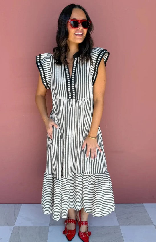 Black Stripe Plus Size Slit V Neck Tiered Flutter Sleeve Maxi Dress