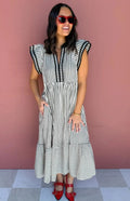 Black Stripe Plus Size Slit V Neck Tiered Flutter Sleeve Maxi Dress