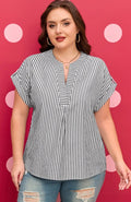 Black Stripe Plus Size V Neck Roll-tab Short Dolman Sleeve Blouse