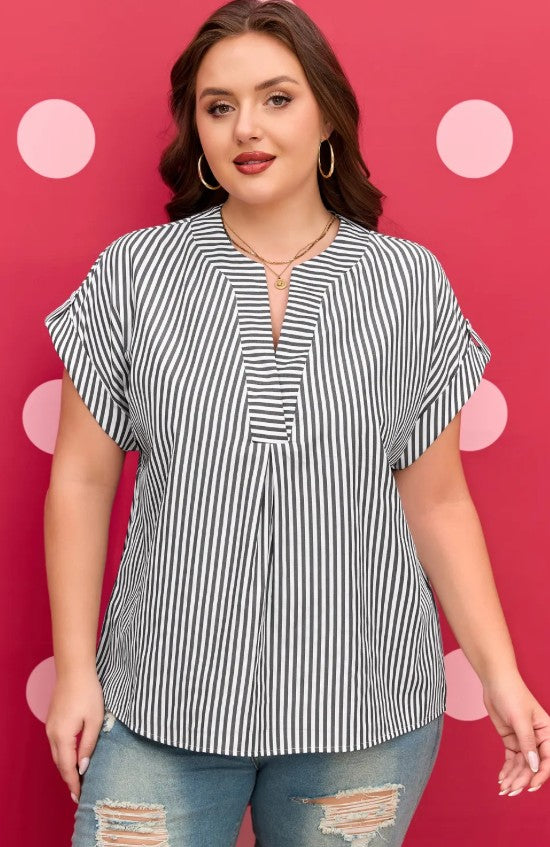 Black Stripe Plus Size V Neck Roll-tab Short Dolman Sleeve Blouse