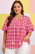 Pink Plus Size Floral Print Tassel Tie Puff Sleeve Cotton Blouse