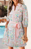Pink Boho Floral Print Color Block Trim Half Button Belted Mini Dress