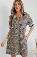 Khaki Leopard Print Zip Neck Striped Webbing Patchwork T Shirt Mini Dress