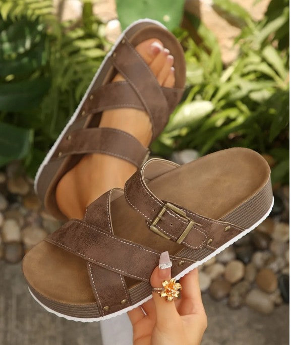 Brown Faux Suede PU Leather Strappy Cutout Retro Slippers