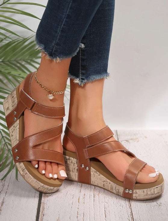Light Blue Hollow Out Velcro Leather Wedge Sandals
