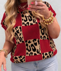 Red Plus Size Leopard Contrasted Checkered Short Sleeve Sweater