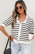 Beige Stripe Ruffle Trim Button Down Knit Short Sleeve Sweater Cardigan