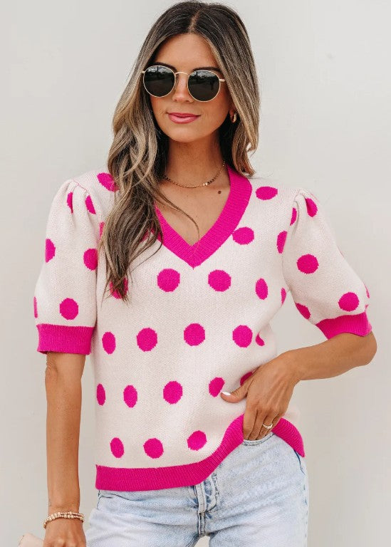 Pink Polka Dot Puff Short Sleeve Sweater Top