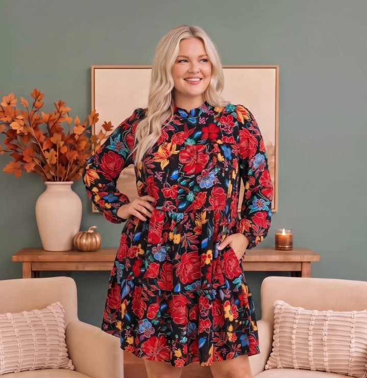 Plus Black Multicolor Floral Tiered Long Sleeve Mini Dress