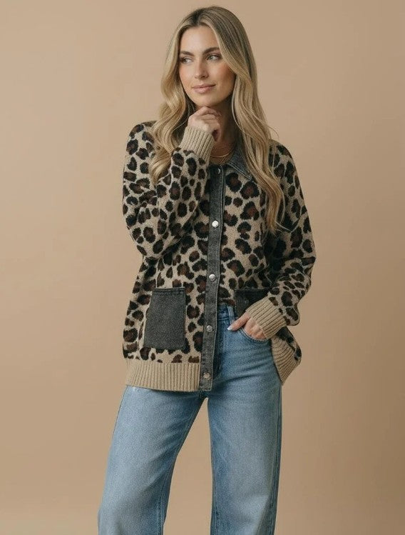 Leopard Print Knit Cardigan with Denim Trim
