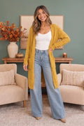 Mustard Boucle Open Front Longline Cardigan
