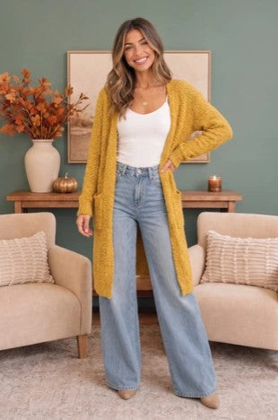 Mustard Boucle Open Front Longline Cardigan
