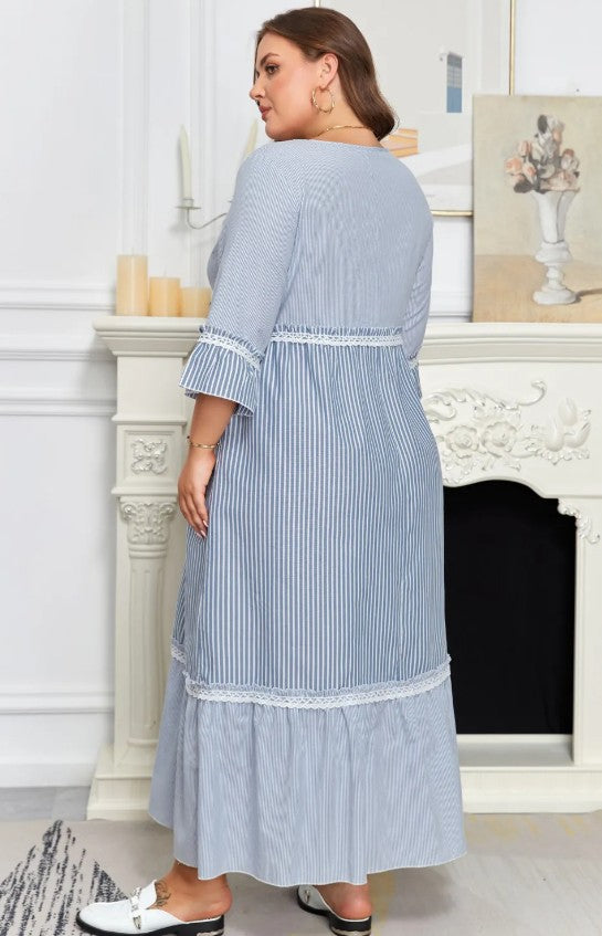 Sky Blue Stripe Crisscross Lace Detail Mixed Striped Patchwork Plus Size Shift Long Dress