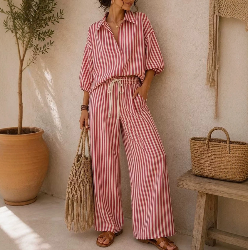 Striped Oversized Shirt Wide Leg Pants Set
