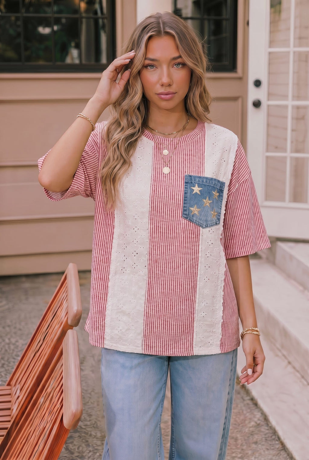 Stars and Stripes Eyelet Pocket Top