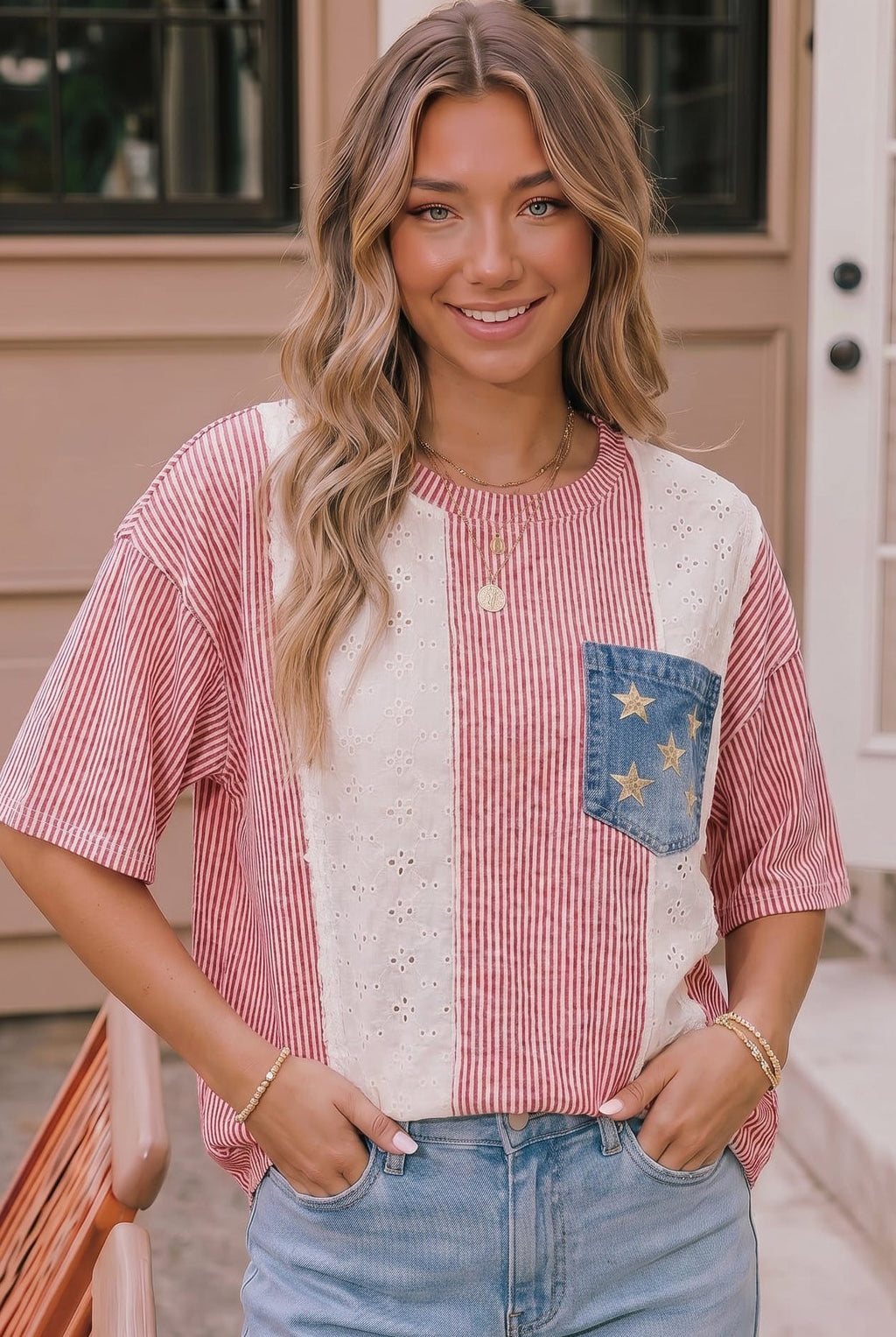 Stars and Stripes Eyelet Pocket Top
