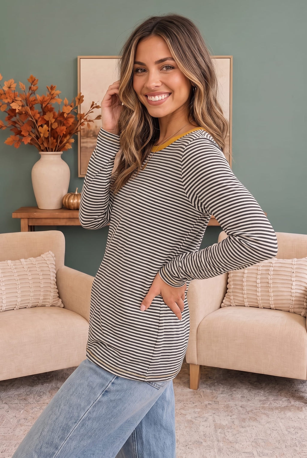 Stripe It Up Long Sleeve Tee in Olive